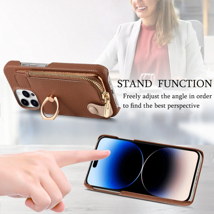 For iPhone 14 Pro Litchi Leather Oil Edge Ring Zipper Wallet Back Phone Case(Brown) - iPhone 14 Pro Cases by buy2fix | Online Shopping UK | buy2fix