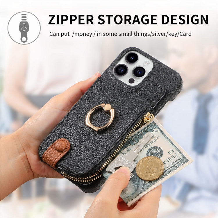 For iPhone 14 Pro Litchi Leather Oil Edge Ring Zipper Wallet Back Phone Case(Black) - iPhone 14 Pro Cases by buy2fix | Online Shopping UK | buy2fix