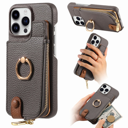 For iPhone 14 Pro Litchi Leather Oil Edge Ring Zipper Wallet Back Phone Case(Grey) - iPhone 14 Pro Cases by buy2fix | Online Shopping UK | buy2fix