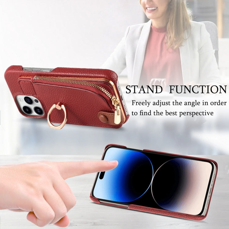 For iPhone 14 Pro Litchi Leather Oil Edge Ring Zipper Wallet Back Phone Case(Red) - iPhone 14 Pro Cases by buy2fix | Online Shopping UK | buy2fix