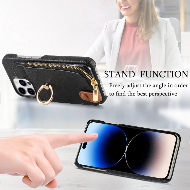 For iPhone 14 Pro Max Litchi Leather Oil Edge Ring Zipper Wallet Back Phone Case(Black) - iPhone 14 Pro Max Cases by buy2fix | Online Shopping UK | buy2fix