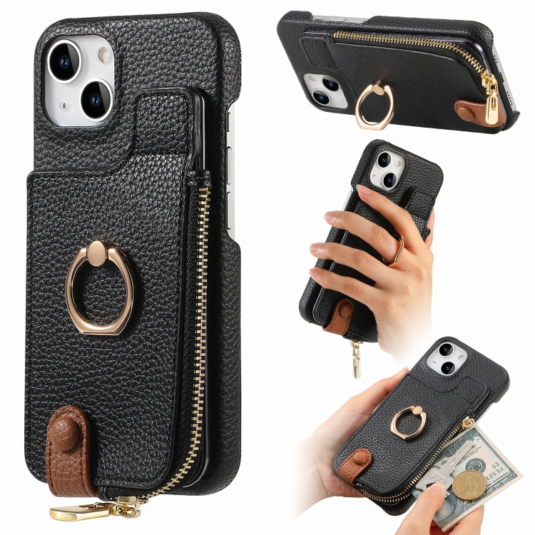 For iPhone 14 Litchi Leather Oil Edge Ring Zipper Wallet Back Phone Case(Black) - iPhone 14 Cases by buy2fix | Online Shopping UK | buy2fix