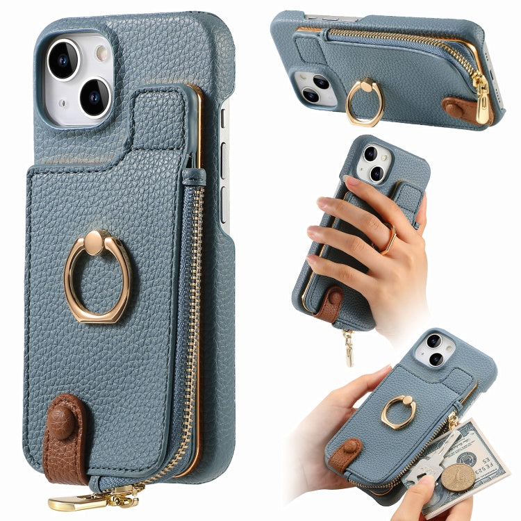 For iPhone 14 Litchi Leather Oil Edge Ring Zipper Wallet Back Phone Case(Light Blue) - iPhone 14 Cases by buy2fix | Online Shopping UK | buy2fix