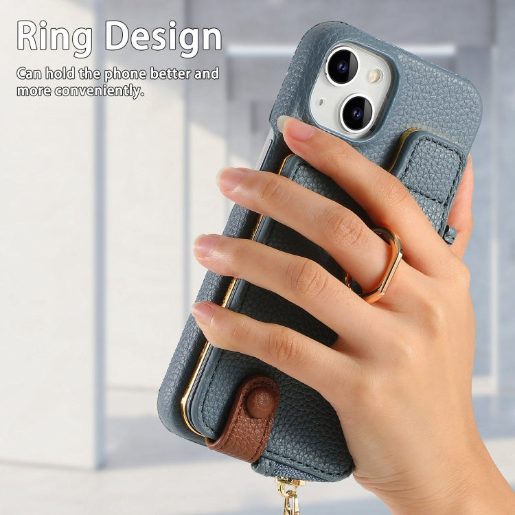 For iPhone 14 Litchi Leather Oil Edge Ring Zipper Wallet Back Phone Case(Light Blue) - iPhone 14 Cases by buy2fix | Online Shopping UK | buy2fix