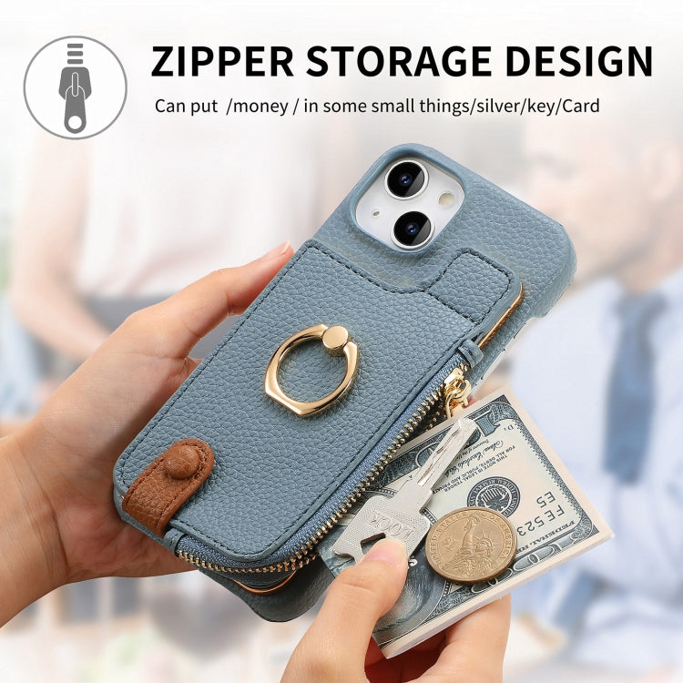 For iPhone 14 Litchi Leather Oil Edge Ring Zipper Wallet Back Phone Case(Light Blue) - iPhone 14 Cases by buy2fix | Online Shopping UK | buy2fix