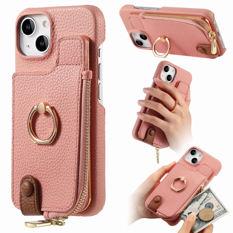 For iPhone 14 Litchi Leather Oil Edge Ring Zipper Wallet Back Phone Case(Pink) - iPhone 14 Cases by buy2fix | Online Shopping UK | buy2fix