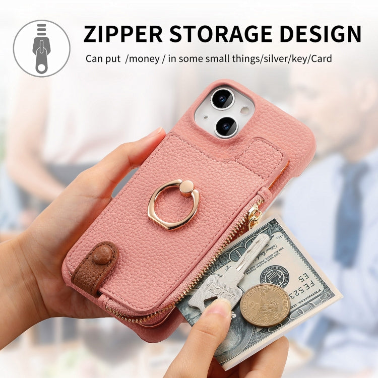 For iPhone 14 Litchi Leather Oil Edge Ring Zipper Wallet Back Phone Case(Pink) - iPhone 14 Cases by buy2fix | Online Shopping UK | buy2fix