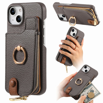 For iPhone 14 Litchi Leather Oil Edge Ring Zipper Wallet Back Phone Case(Grey) - iPhone 14 Cases by buy2fix | Online Shopping UK | buy2fix