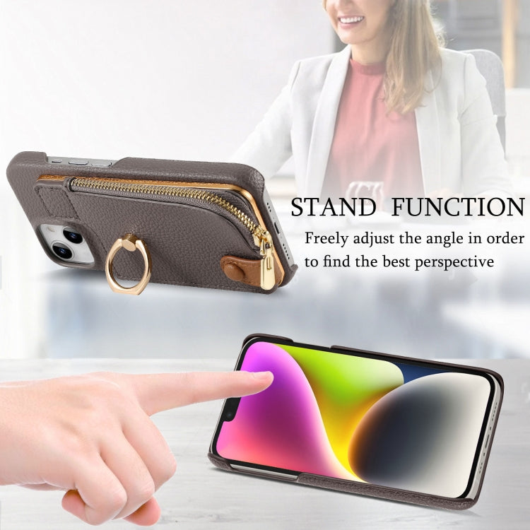 For iPhone 14 Litchi Leather Oil Edge Ring Zipper Wallet Back Phone Case(Grey) - iPhone 14 Cases by buy2fix | Online Shopping UK | buy2fix