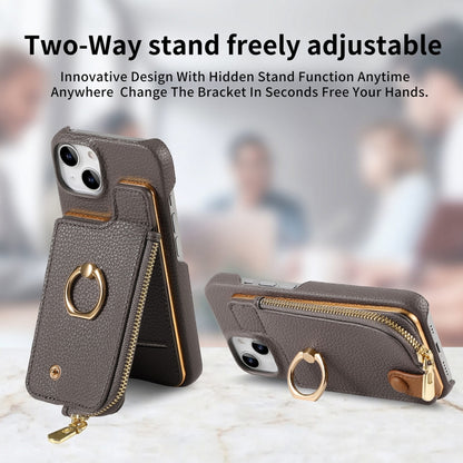 For iPhone 14 Litchi Leather Oil Edge Ring Zipper Wallet Back Phone Case(Grey) - iPhone 14 Cases by buy2fix | Online Shopping UK | buy2fix