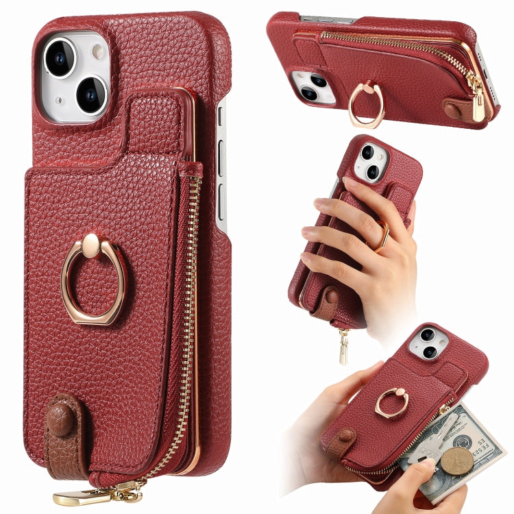 For iPhone 14 Litchi Leather Oil Edge Ring Zipper Wallet Back Phone Case(Red) - iPhone 14 Cases by buy2fix | Online Shopping UK | buy2fix