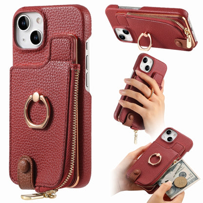 For iPhone 14 Litchi Leather Oil Edge Ring Zipper Wallet Back Phone Case(Red) - iPhone 14 Cases by buy2fix | Online Shopping UK | buy2fix