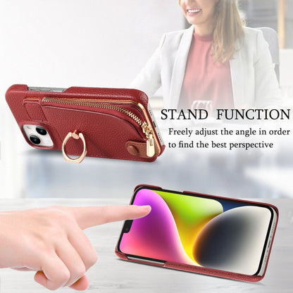 For iPhone 14 Litchi Leather Oil Edge Ring Zipper Wallet Back Phone Case(Red) - iPhone 14 Cases by buy2fix | Online Shopping UK | buy2fix