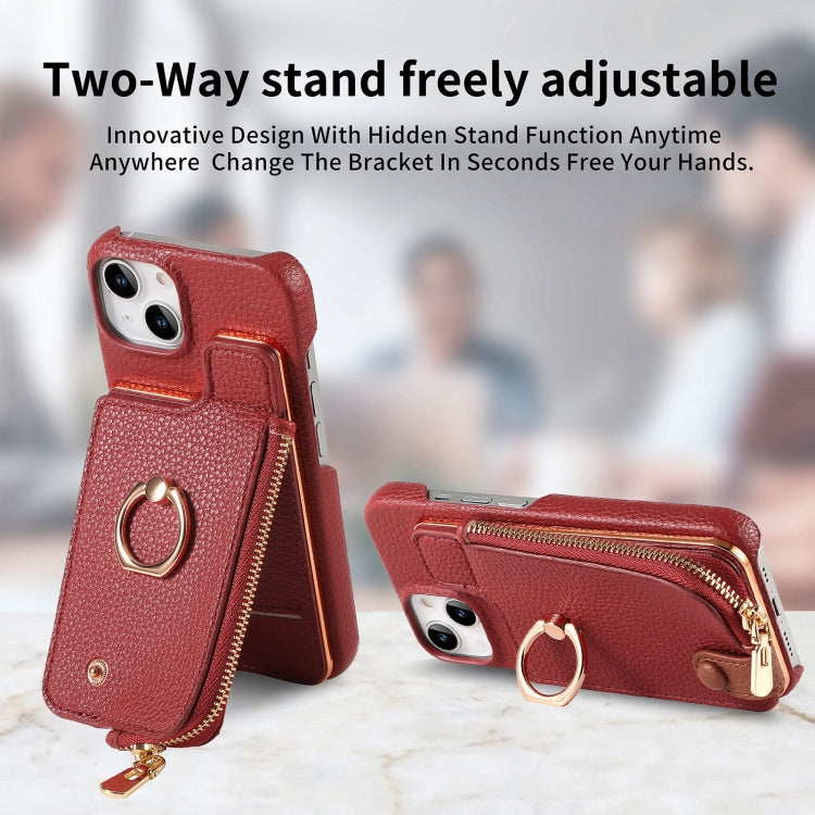 For iPhone 14 Litchi Leather Oil Edge Ring Zipper Wallet Back Phone Case(Red) - iPhone 14 Cases by buy2fix | Online Shopping UK | buy2fix