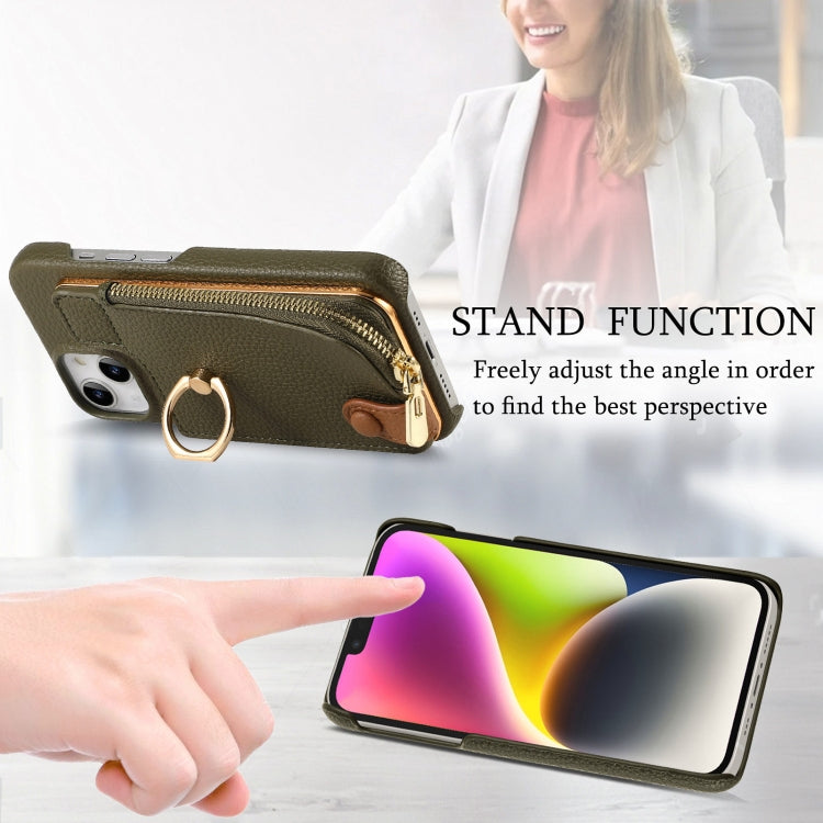 For iPhone 14 Litchi Leather Oil Edge Ring Zipper Wallet Back Phone Case(Green) - iPhone 14 Cases by buy2fix | Online Shopping UK | buy2fix