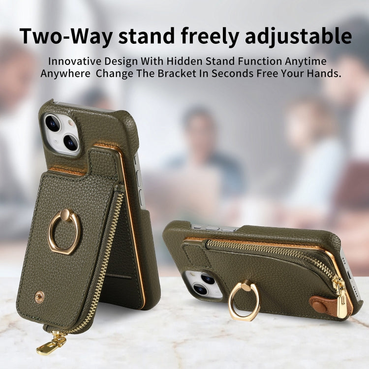 For iPhone 14 Litchi Leather Oil Edge Ring Zipper Wallet Back Phone Case(Green) - iPhone 14 Cases by buy2fix | Online Shopping UK | buy2fix