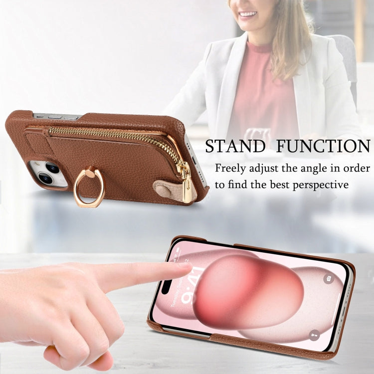 For iPhone 15 Plus Litchi Leather Oil Edge Ring Zipper Wallet Back Phone Case(Brown) - iPhone 15 Plus Cases by buy2fix | Online Shopping UK | buy2fix