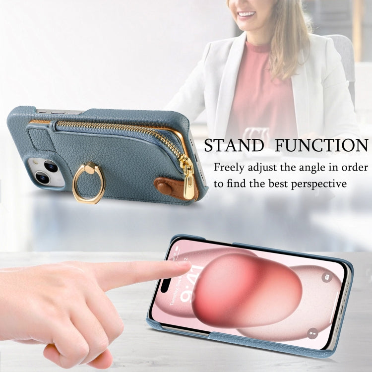 For iPhone 15 Plus Litchi Leather Oil Edge Ring Zipper Wallet Back Phone Case(Light Blue) - iPhone 15 Plus Cases by buy2fix | Online Shopping UK | buy2fix