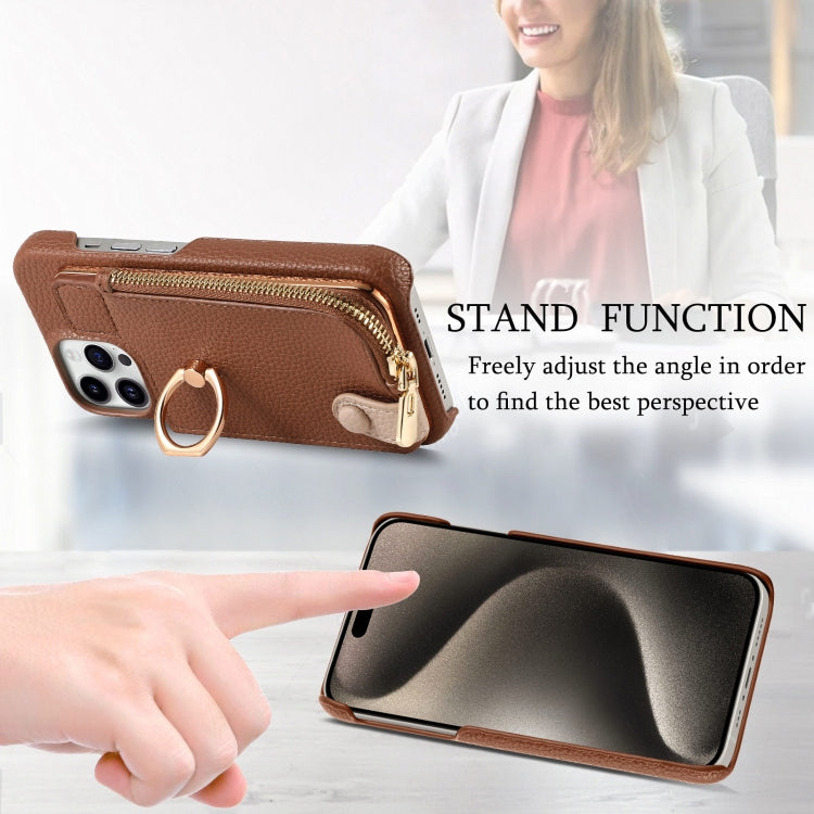 For iPhone 15 Pro Max Litchi Leather Oil Edge Ring Zipper Wallet Back Phone Case(Brown) - iPhone 15 Pro Max Cases by buy2fix | Online Shopping UK | buy2fix