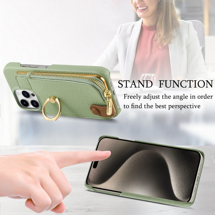 For iPhone 15 Pro Litchi Leather Oil Edge Ring Zipper Wallet Back Phone Case(Tea Green) - iPhone 15 Pro Cases by buy2fix | Online Shopping UK | buy2fix
