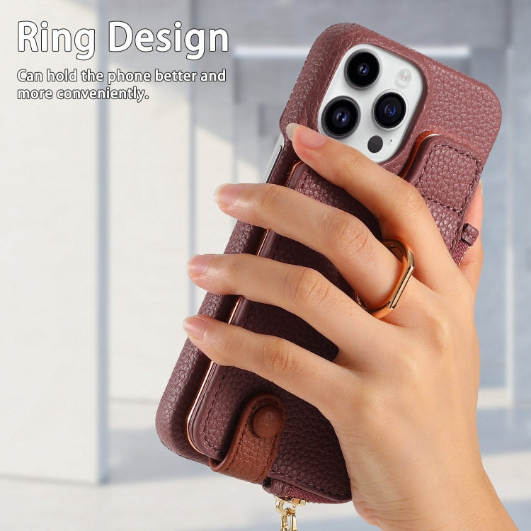 For iPhone 15 Pro Litchi Leather Oil Edge Ring Zipper Wallet Back Phone Case(Jujube Apricot) - iPhone 15 Pro Cases by buy2fix | Online Shopping UK | buy2fix