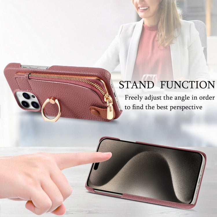 For iPhone 15 Pro Litchi Leather Oil Edge Ring Zipper Wallet Back Phone Case(Jujube Apricot) - iPhone 15 Pro Cases by buy2fix | Online Shopping UK | buy2fix