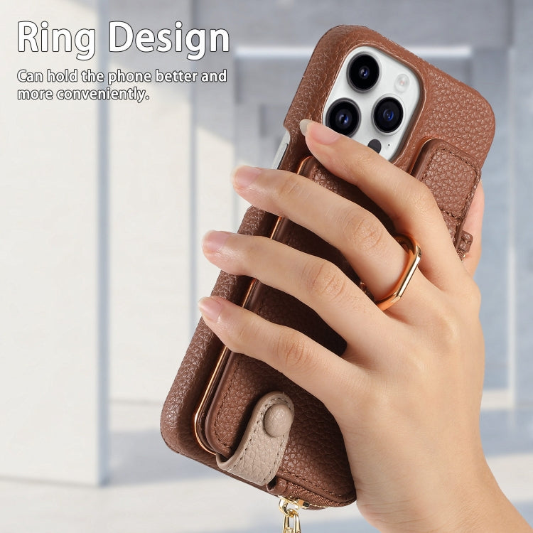 For iPhone 15 Pro Litchi Leather Oil Edge Ring Zipper Wallet Back Phone Case(Brown) - iPhone 15 Pro Cases by buy2fix | Online Shopping UK | buy2fix
