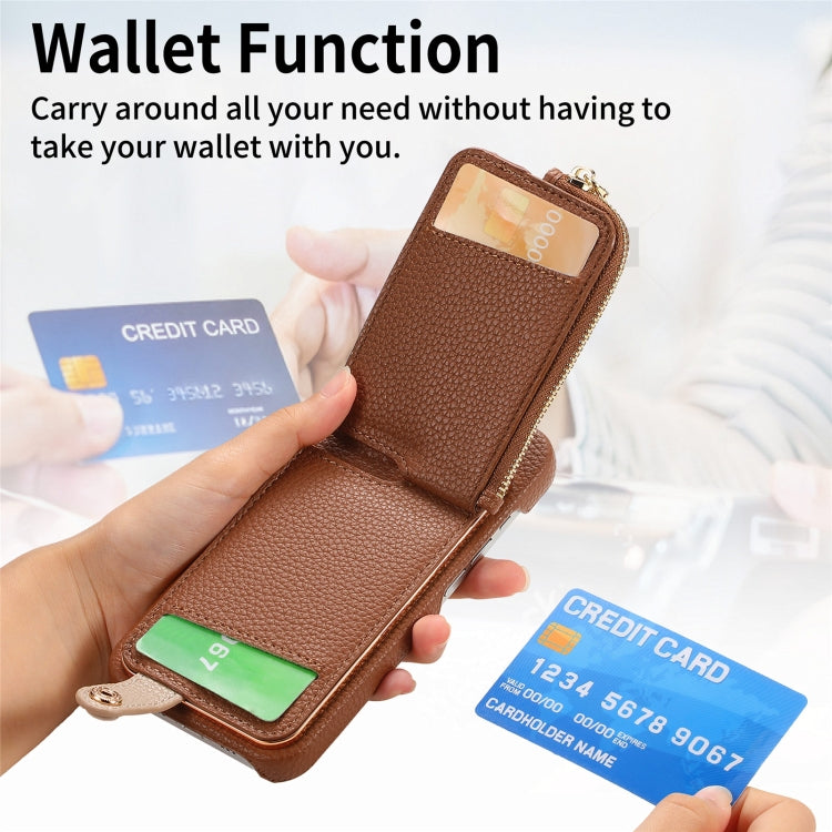 For iPhone 15 Pro Litchi Leather Oil Edge Ring Zipper Wallet Back Phone Case(Brown) - iPhone 15 Pro Cases by buy2fix | Online Shopping UK | buy2fix