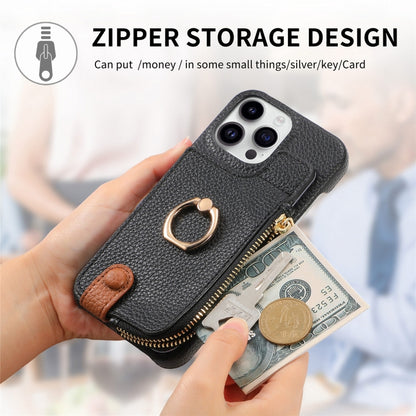 For iPhone 15 Pro Litchi Leather Oil Edge Ring Zipper Wallet Back Phone Case(Black) - iPhone 15 Pro Cases by buy2fix | Online Shopping UK | buy2fix