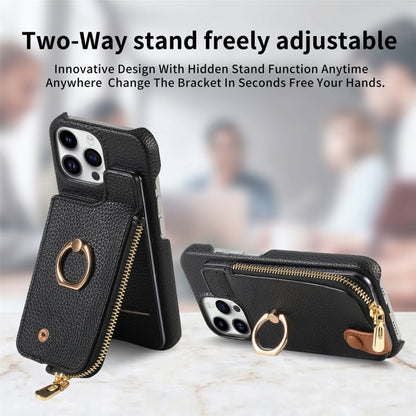 For iPhone 15 Pro Litchi Leather Oil Edge Ring Zipper Wallet Back Phone Case(Black) - iPhone 15 Pro Cases by buy2fix | Online Shopping UK | buy2fix