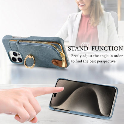 For iPhone 15 Pro Litchi Leather Oil Edge Ring Zipper Wallet Back Phone Case(Light Blue) - iPhone 15 Pro Cases by buy2fix | Online Shopping UK | buy2fix