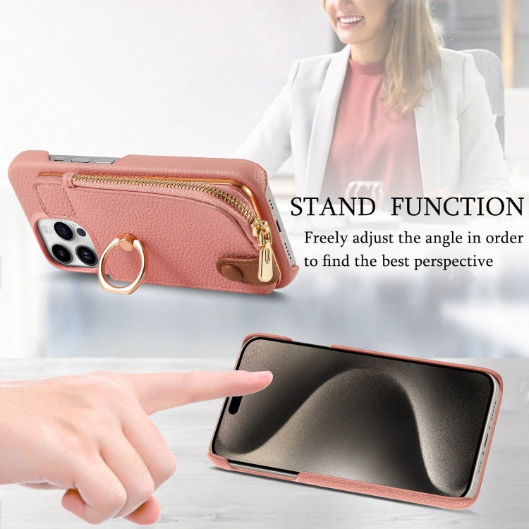 For iPhone 15 Pro Litchi Leather Oil Edge Ring Zipper Wallet Back Phone Case(Pink) - iPhone 15 Pro Cases by buy2fix | Online Shopping UK | buy2fix