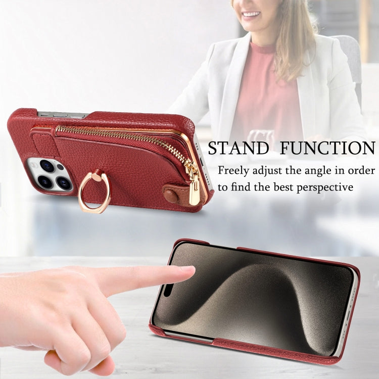 For iPhone 15 Pro Litchi Leather Oil Edge Ring Zipper Wallet Back Phone Case(Red) - iPhone 15 Pro Cases by buy2fix | Online Shopping UK | buy2fix