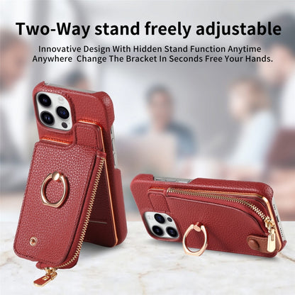 For iPhone 15 Pro Litchi Leather Oil Edge Ring Zipper Wallet Back Phone Case(Red) - iPhone 15 Pro Cases by buy2fix | Online Shopping UK | buy2fix