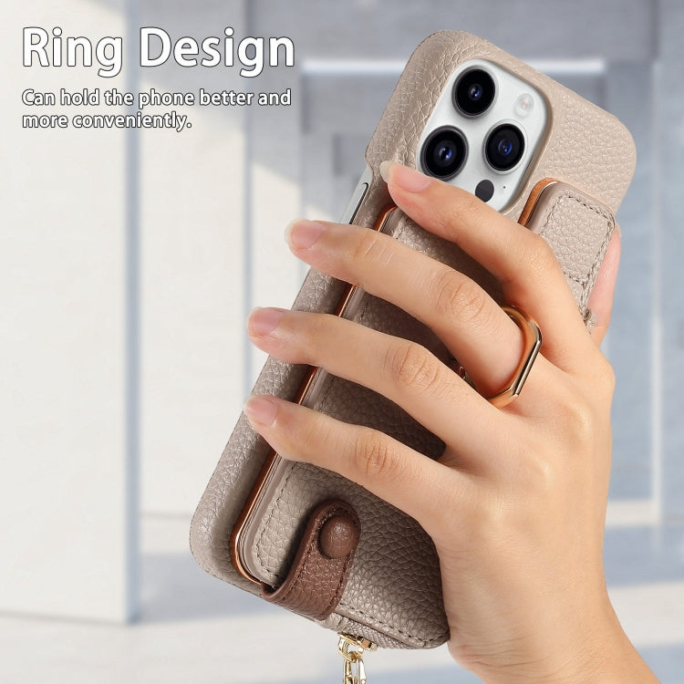 For iPhone 15 Pro Litchi Leather Oil Edge Ring Zipper Wallet Back Phone Case(Khaki) - iPhone 15 Pro Cases by buy2fix | Online Shopping UK | buy2fix