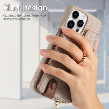 For iPhone 15 Pro Litchi Leather Oil Edge Ring Zipper Wallet Back Phone Case(Khaki) - iPhone 15 Pro Cases by buy2fix | Online Shopping UK | buy2fix