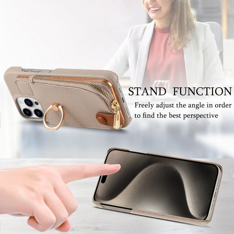 For iPhone 15 Pro Litchi Leather Oil Edge Ring Zipper Wallet Back Phone Case(Khaki) - iPhone 15 Pro Cases by buy2fix | Online Shopping UK | buy2fix