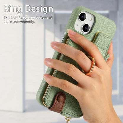 For iPhone 15 Litchi Leather Oil Edge Ring Zipper Wallet Back Phone Case(Tea Green) - iPhone 15 Cases by buy2fix | Online Shopping UK | buy2fix