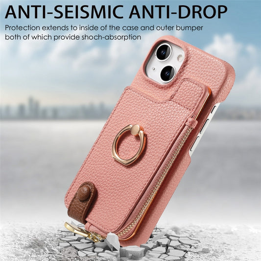 For iPhone 15 Litchi Leather Oil Edge Ring Zipper Wallet Back Phone Case(Pink) - iPhone 15 Cases by buy2fix | Online Shopping UK | buy2fix