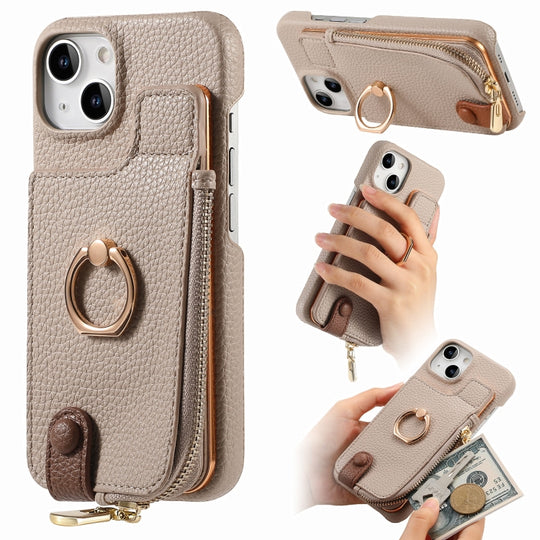 For iPhone 15 Litchi Leather Oil Edge Ring Zipper Wallet Back Phone Case(Khaki)