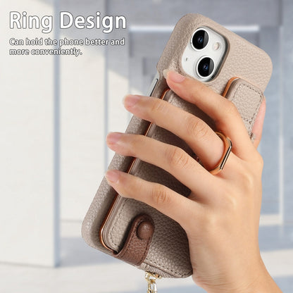 For iPhone 15 Litchi Leather Oil Edge Ring Zipper Wallet Back Phone Case(Khaki) - iPhone 15 Cases by buy2fix | Online Shopping UK | buy2fix