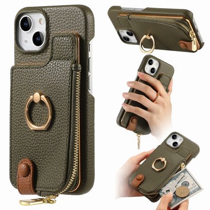 For iPhone 15 Litchi Leather Oil Edge Ring Zipper Wallet Back Phone Case(Green) - iPhone 15 Cases by buy2fix | Online Shopping UK | buy2fix