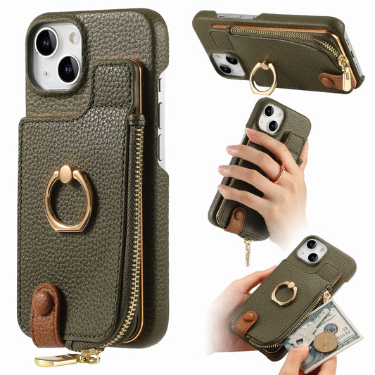 For iPhone 15 Litchi Leather Oil Edge Ring Zipper Wallet Back Phone Case(Green) - iPhone 15 Cases by buy2fix | Online Shopping UK | buy2fix