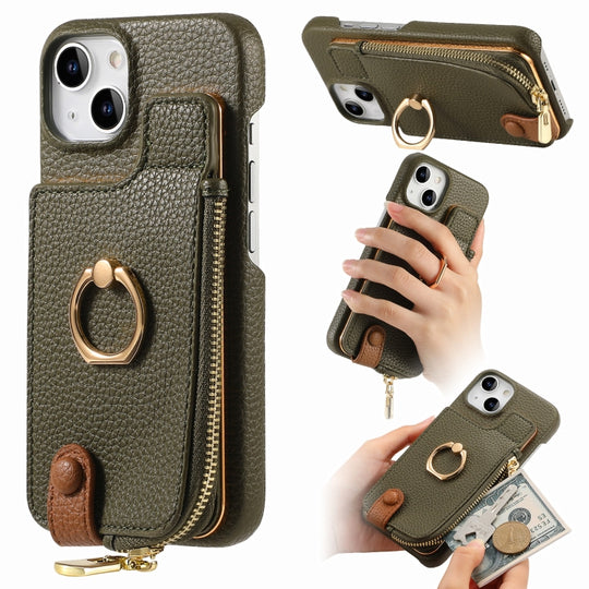 For iPhone 15 Litchi Leather Oil Edge Ring Zipper Wallet Back Phone Case(Green)