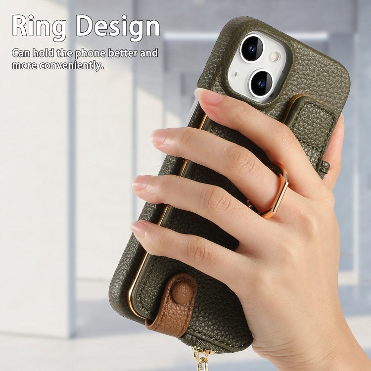 For iPhone 15 Litchi Leather Oil Edge Ring Zipper Wallet Back Phone Case(Green) - iPhone 15 Cases by buy2fix | Online Shopping UK | buy2fix