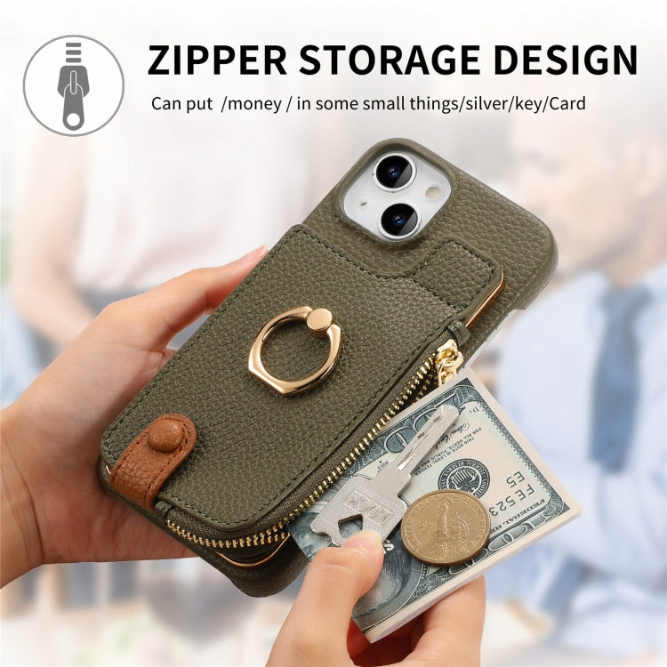 For iPhone 15 Litchi Leather Oil Edge Ring Zipper Wallet Back Phone Case(Green) - iPhone 15 Cases by buy2fix | Online Shopping UK | buy2fix