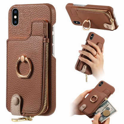 For iPhone X / XS Litchi Leather Oil Edge Ring Zipper Wallet Back Phone Case(Brown) - More iPhone Cases by buy2fix | Online Shopping UK | buy2fix