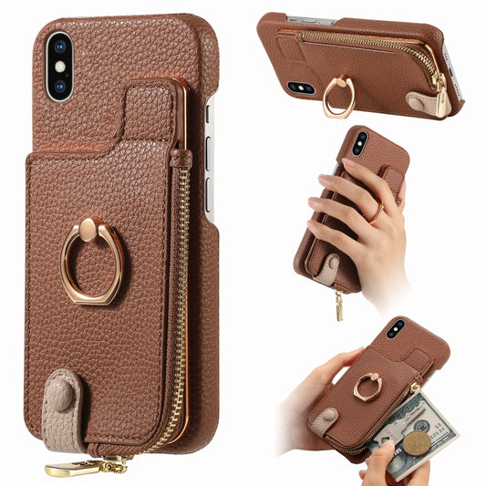 For iPhone X / XS Litchi Leather Oil Edge Ring Zipper Wallet Back Phone Case(Brown) - More iPhone Cases by buy2fix | Online Shopping UK | buy2fix
