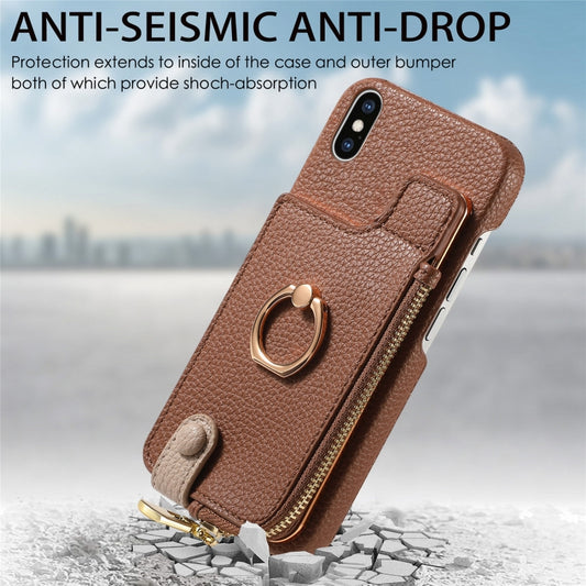 For iPhone X / XS Litchi Leather Oil Edge Ring Zipper Wallet Back Phone Case(Brown) - More iPhone Cases by buy2fix | Online Shopping UK | buy2fix
