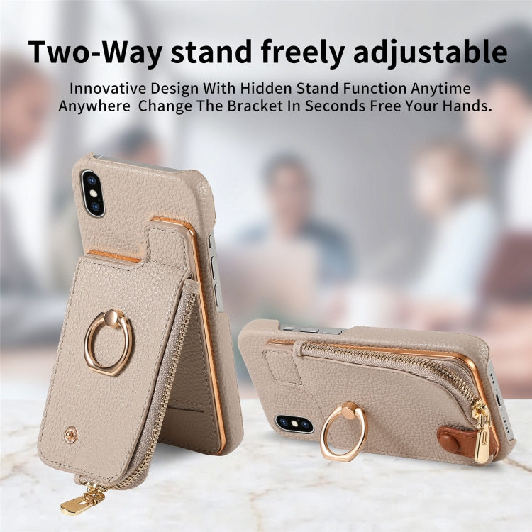 For iPhone X / XS Litchi Leather Oil Edge Ring Zipper Wallet Back Phone Case(Khaki) - More iPhone Cases by buy2fix | Online Shopping UK | buy2fix